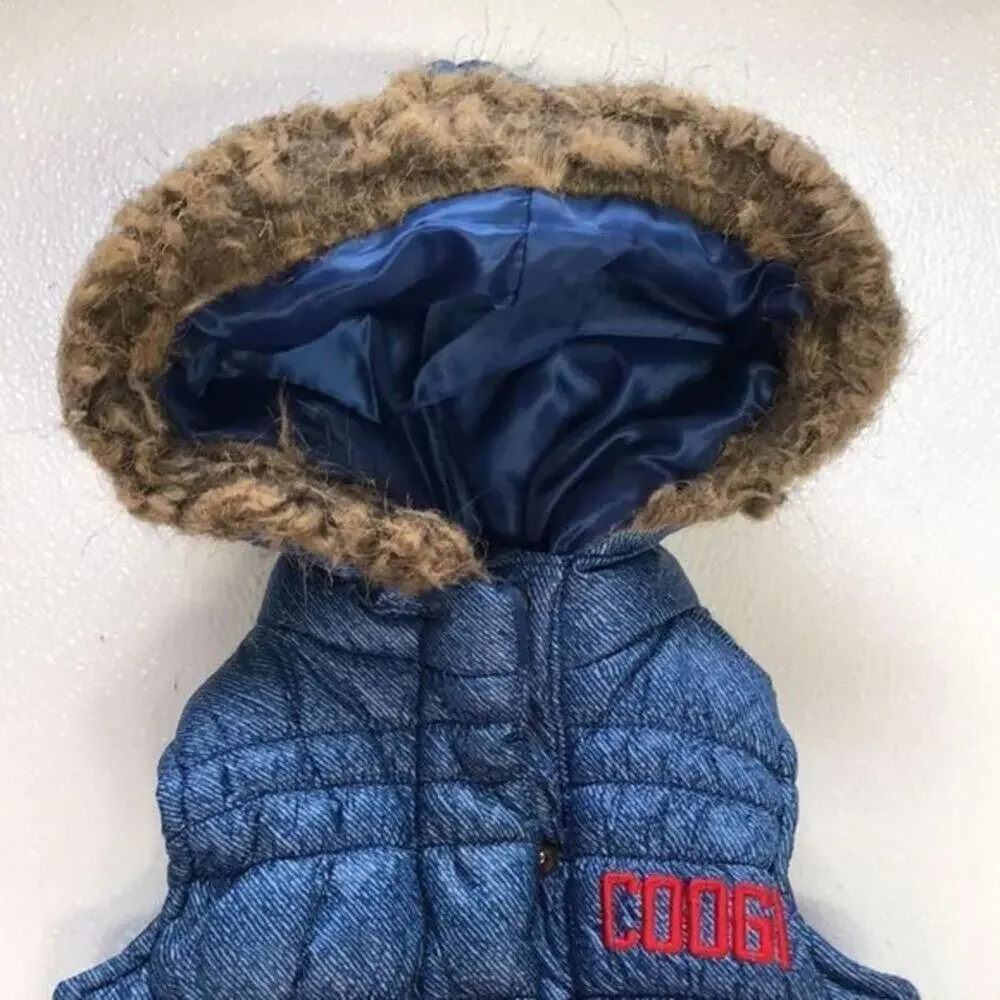 COOGI Kids Denim Blue Puffer‎ Vest Hooded Faux Fur Trimmed